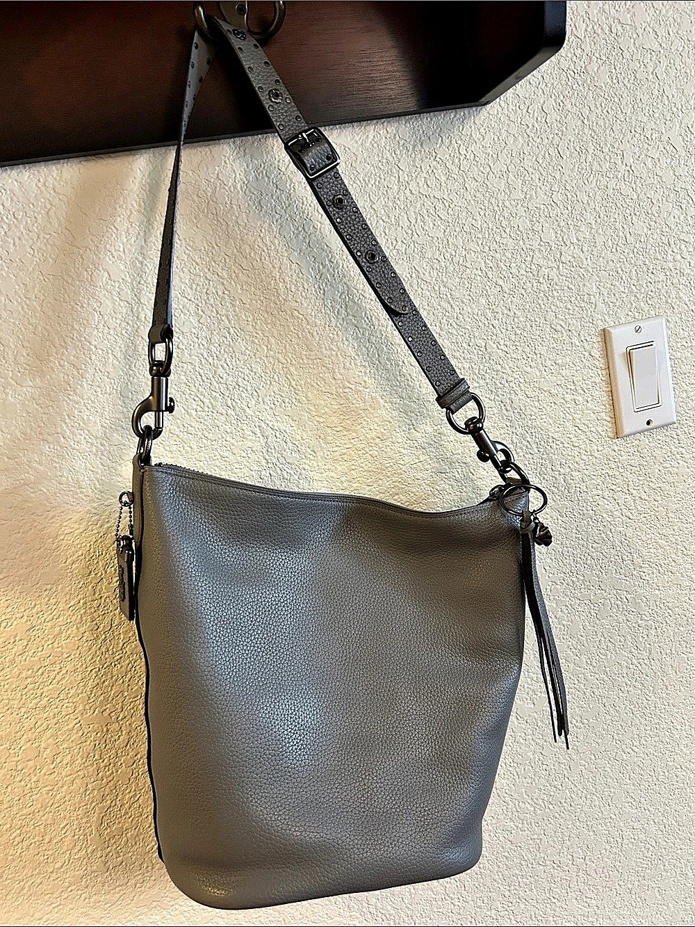 Coach Pebbled Leather Shoulder Bag in Gray w tassel